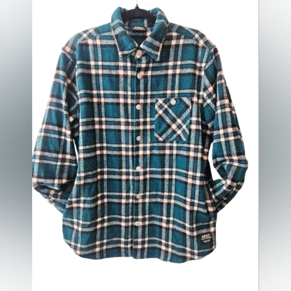 WeSC Plaid Flannel Shirt Jacket Teal Blue Snap Button Shacket Mens L Womens XL